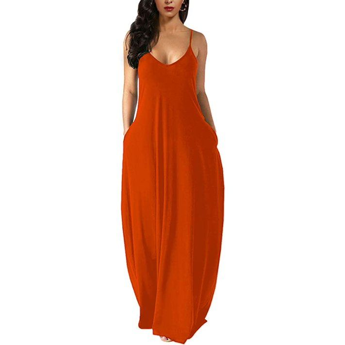 Photo 1 of Womens Casual  Loose Plain Long Maxi Dress with Pockets, Orange (XL) NEW 
