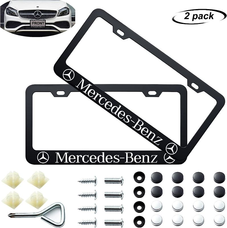 Photo 1 of 2PCS License Plate Frames Compatible with Mercedes Benz, Black Car License Plate Bracket Holder, Premium Aluminum Alloy Weather Proof License Plate Covers with Screw Caps Cover Set Car Accessories (Silver) NEW 
