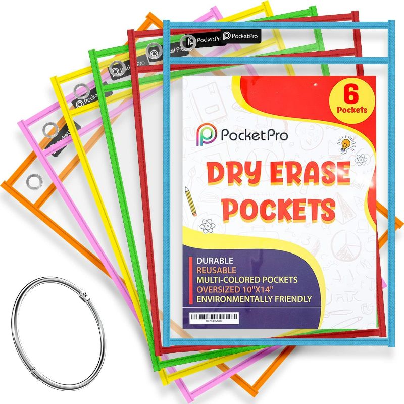Photo 1 of Pocket Pro - Dry Erase Pocket Sleeves - Plastic Paper Sleeves (Pack of 6) Colorful Clear Plastic Sleeves for Teachers & Kids - Save Repetitive Printing with 14x10 inch Dry Erase Sleeves NEW 