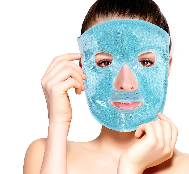 Photo 1 of Hot and Cold Therapy Gel Bead Full Facial Mask by FOMI Care | Ice Face Mask for Migraine Headache, Stress Relief | Reduces Eye Puffiness, Dark Circles | Fabric Back (Full Face w/Eye Holes)
