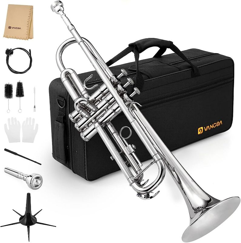 Photo 1 of Trumpet, Bb Standard Trumpet Brass Silver Student Trumpet Instrument for School Band Orchestra Beginners Adults with Hard Case, Cleaning Kit, Stand, 7C Mouthpiece, Gloves, Valve Oil 