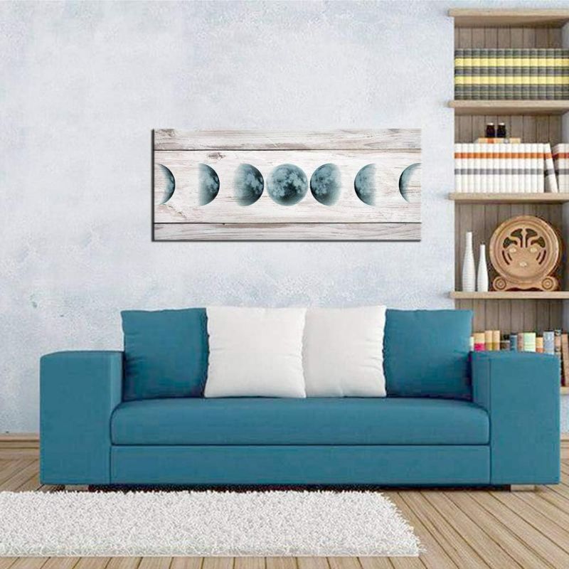 Photo 1 of LevvArts Moon Phases Wall Art Growth Cycle of Moon on Wooden Background Picture Painting Artwork Teal Modern Home Office Decoration Framed Ready to Hang 20"x48" NEW 
