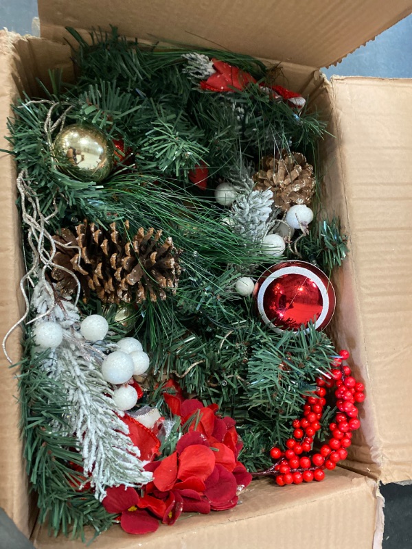 Photo 1 of Adeeing 6ft Prelit Christmas Garland with 20 Lights, Xmas Fake Vines with Bows Christmas Balls Flowers Berries Greenery Christmas for Front Door Fireplace Mantel Porch Holiday Decorations