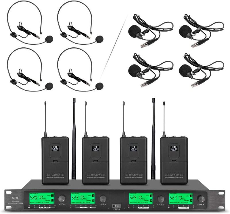 Photo 1 of Wireless Microphone System Pro UHF 4 Channel 4 Lavalier Bodypacks 4 Lapel Mic 4 Headsets for Karaoke System Church Speaking Conference Wedding Party 
