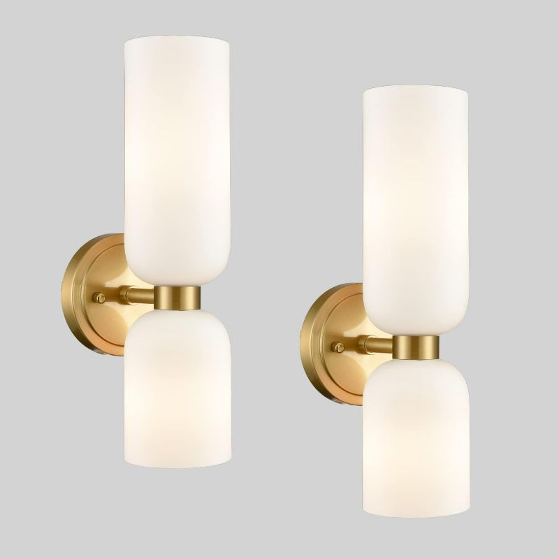 Photo 1 of DEYNITE Gold Wall Sconces Set of Two 2-Light Modern Wall Light Bathroom Vanity Light Milky White Glass NEW 