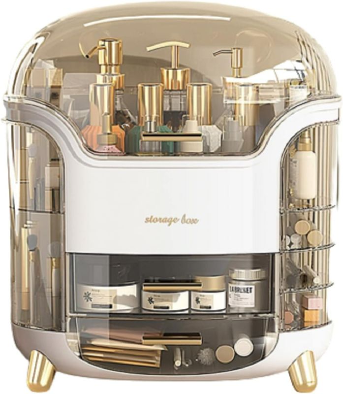 Photo 1 of GoooodGift Large Cosmetic Storage Box, All-In-One Dust and Water-Proof Organizer for Makeup, Skincare, and Jewelry on Dresser or Countertop Dresser Bedroom (White/ Gold)
