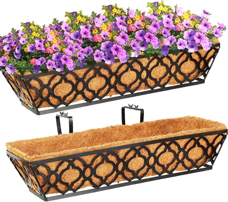 Photo 1 of LAWYAMAI 2pcs 24 Inch Window Deck with Coco Liner, 24" Window Boxes Horse Trough with Coconut Coir Liner,Metal Hanging Flower Planter Window Basket Deck Railing Planter Boxes for Outdoor Indoor Lawn NEW 