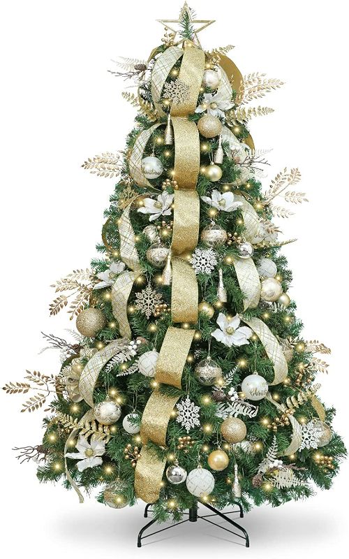 Photo 1 of WBHome 6FT Decorated Artificial Christmas Tree with Ornaments and Lights, White Gold Christmas Decorations Including 5 Feet Full Tree, Ornaments Set, 200 LED Lights NEW 