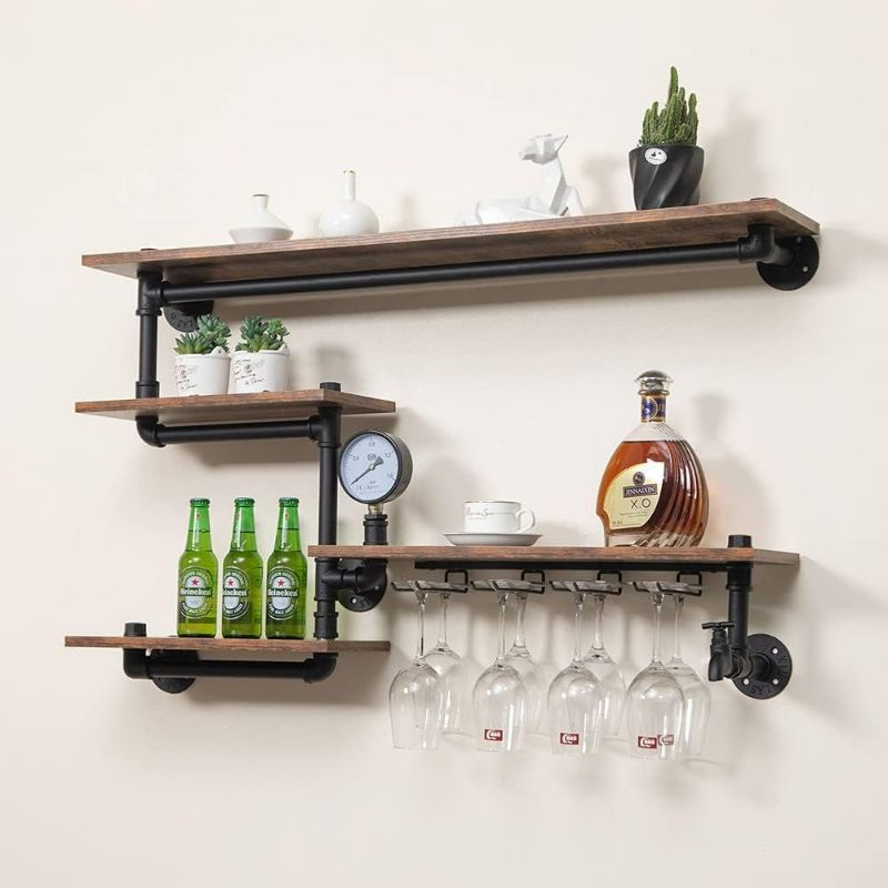 Photo 1 of HEONITURE Industrial Pipe Shelves Wine Rack Wall Mounted with 4 Stem Glass Holder,Bar Shelves 39in Metal Hanging Wine Rack, Rustic Floating Pipe Shelf, Living Room Kitchen Decor Display Rack Black 39in