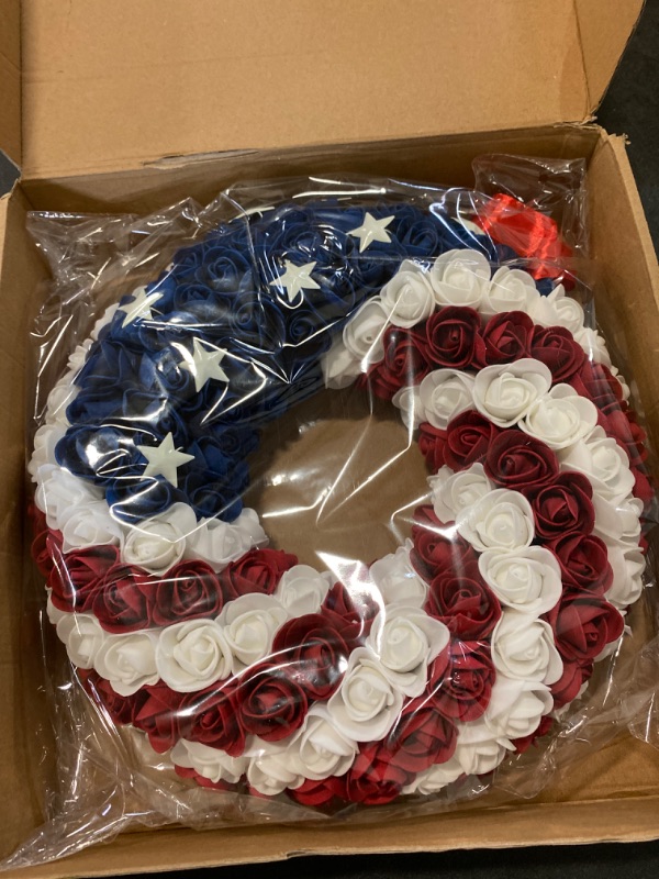 Photo 2 of Promotion Clearance! Silk Rose Americana Wreath Patriotic Wreath 12 Inch Diameter Roses and Stars, Red White and Blue 4th of July Decorating NEW 