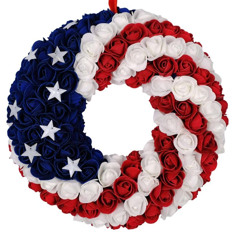 Photo 1 of Promotion Clearance! Silk Rose Americana Wreath Patriotic Wreath 12 Inch Diameter Roses and Stars, Red White and Blue 4th of July Decorating NEW 