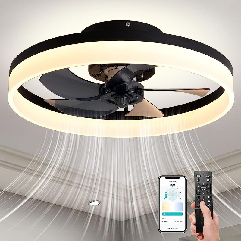 Photo 1 of LCYFBE 20" Modern Ceiling Fan with Light, Dimmable LED 6 Speeds Reversible Blades Timing with Remote Control, Semi Flush Mount Low Profile ceiling fan with light for home bedroom, Black NEW 
