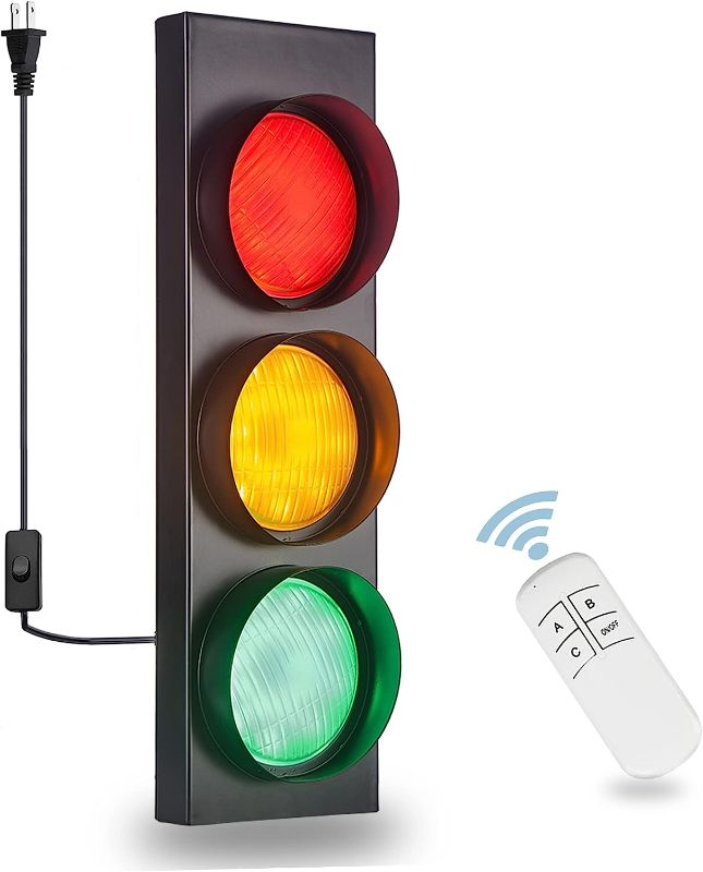 Photo 1 of  Traffic Light Wall Lamp Remote Control Retro Kids Bedroom Stop Light, Plug in Industrial LED Wall Sconce,  Vintage Fun Signal Light for Home Office Bar Garage Car Room Decor Christmas
