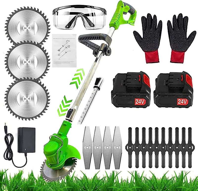 Photo 1 of Weed Wacker Cordless Grass Trimmer Electric Weed, Retractable, 3 Kinds of Adjustable Blades, 24v Electric Cordless Garden Trimmer with Battery and Charger for Garden (Green)
