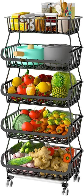 Photo 1 of FANWU 5 Tier Fruit Basket Stand, Fruit and Vegetable Storage Cart, Wire Storage Basket with Wheels, Metal Stackable Snack Organizer, Potatoes Onions Produce Storage Bins Rack for Kitchen, Pantry (Black-5-Tier Storage Baskets) NEW 