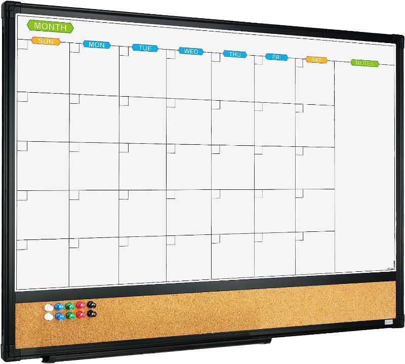 Photo 1 of JILoffice Magnetic Calendar Whiteboard & Bulletin Corkboard Combination, Combo Board 24 x 18 Inch, Black Aluminum Frame Wall Mounted Board for Office Home and School with 10 Push Pins NEW 