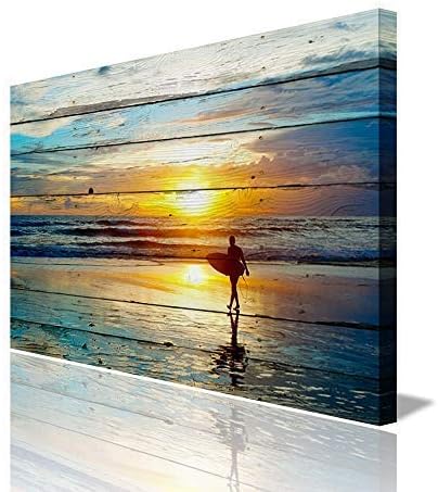 Photo 1 of ARTLAND Seascape Wall Art for Living Room Framed Modern Ocean Landscape Canvas Print Surfer at Dusk Artwork Blue Yellow Ready to Hang for Home Office Decoration 24"x36" inch NEW
