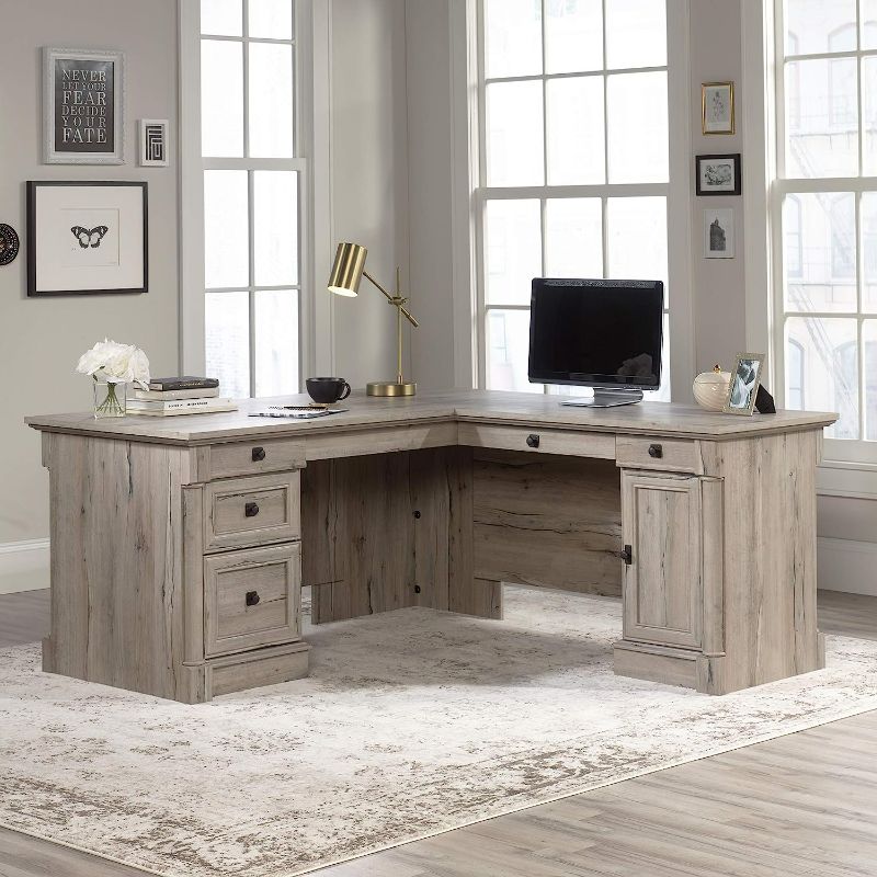 Photo 1 of Sauder Palladia L-Shaped Desk, L: 68.74" x W: 65.12" x H: 29.61", Split Oak finish
