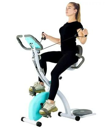 Photo 1 of Murtisol Stationary Bike - Folding Indoor Exercise Bike with Twister Plate, Arm Resistance Bands, Extra Large&Adjustable Seat and Heart Monitor - Perfect Home Exercise Machine for Cardio, Blue NEW 