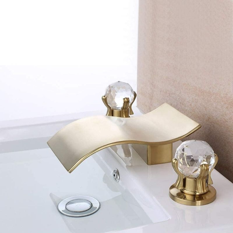Photo 1 of KunMai Widespread Waterfall 2-Handle 3 Hole Bathroom Sink Faucet with Crystal Knob Handles,Solid Brass Waterfall Bathroom Lavatory Faucet (Brushed Gold)
