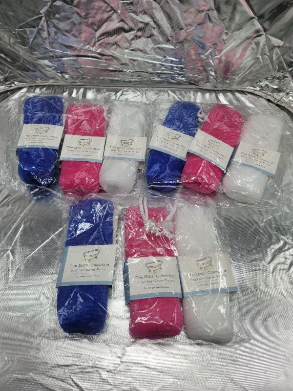 Photo 1 of (3 packs) The Bath Collection Mesh Soap Saver Pouch and Exfoliator- 3 blue, 3 pink, 3 white