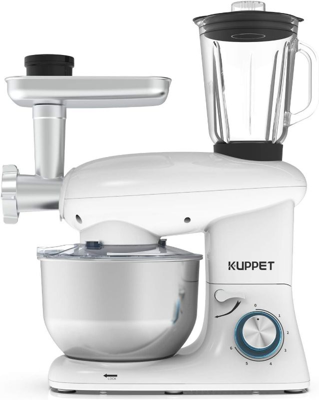 Photo 1 of KUPPET 3 in 1 Stand Mixer, 6 Speed Electric Mixer, Tilt Head Kitchen Mixer with Meat Grinder and Juice Blender, 6 Quarts 850W Food Mixer - White NEW 
