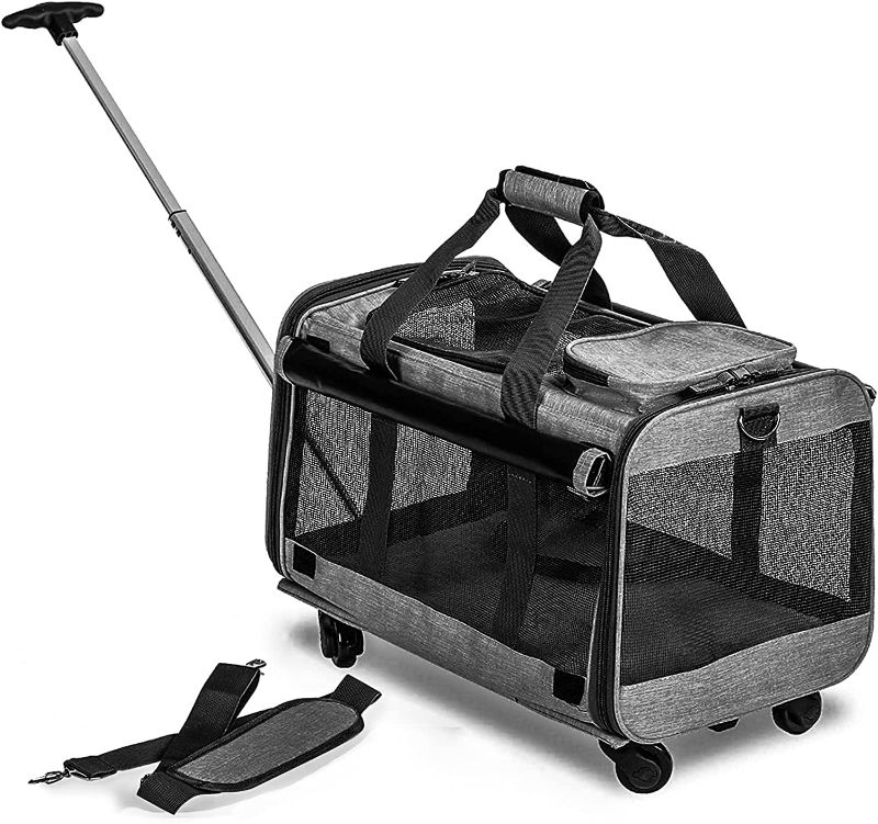 Photo 1 of Pet Carrier Airline Approved ,Cat Carrier with Wheels, Pet Carrier for Pet with Telescopic Walking Handle,Easy to Fold,Grey (Grey)