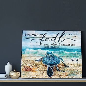 Photo 1 of Tourrest Scripture Holy Bible Wall Art Teal Sea Turtle Walk by Faith Canvas Print Inspirational Quotes Framed Artwork Blue Ocean Beach Coast Scenery Poster Motivational Animal Wooden Decor, 20x16 in 
