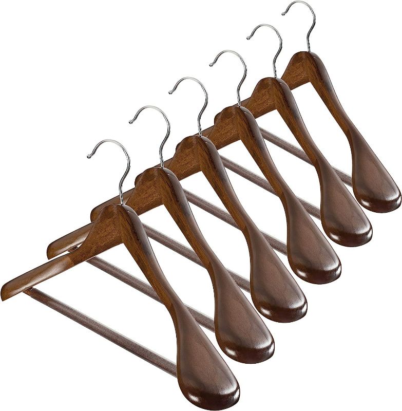 Photo 1 of High-Grade Wide Shoulder Wooden Hangers 6 Pack, Non Slip Pants Bar, Smooth Finish Wood Suit Hanger Coat Hanger for Closet, Holds Upto 20lbs, 360° Swivel Hook, for Dress, Jacket, Heavy Clothes Hangers

