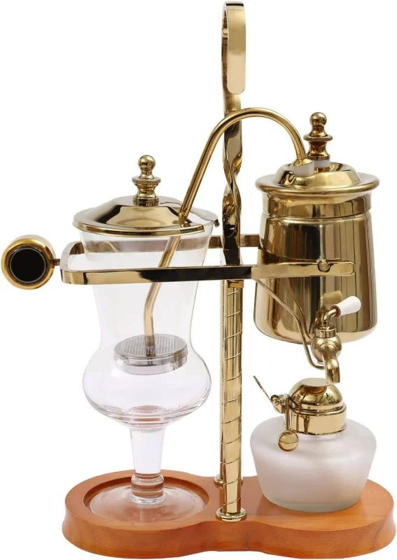 Photo 1 of Syphon Coffee Maker Set Siphon Brewer Belgian Balance Siphon Classic Retro Coffee Maker with Balance Lever and Wooden Board Base Suitable for 4 Persons to Share Gold
