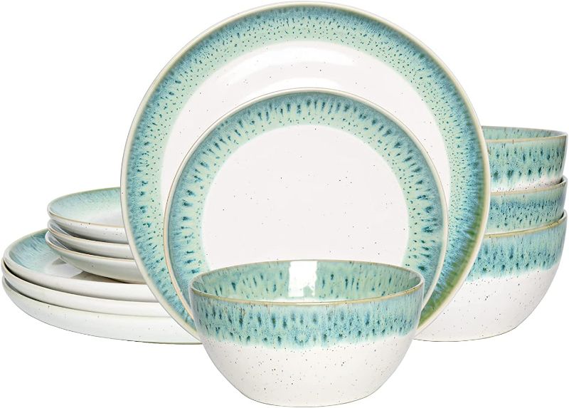 Photo 1 of Stoneware Dinnerware Set, Service for 4, 12 Piece, Microwave and Dishwasher Safe, Reactive Glaze (Blue Green) NEW 
