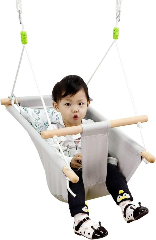 Photo 1 of Baby Swing Hammock Infant Wooden Swing with Soft Cushion, Indoor & Outdoor Toddler Secure Hanging Swing Chair for Playground, Tree or Backyard, Green Leaf
