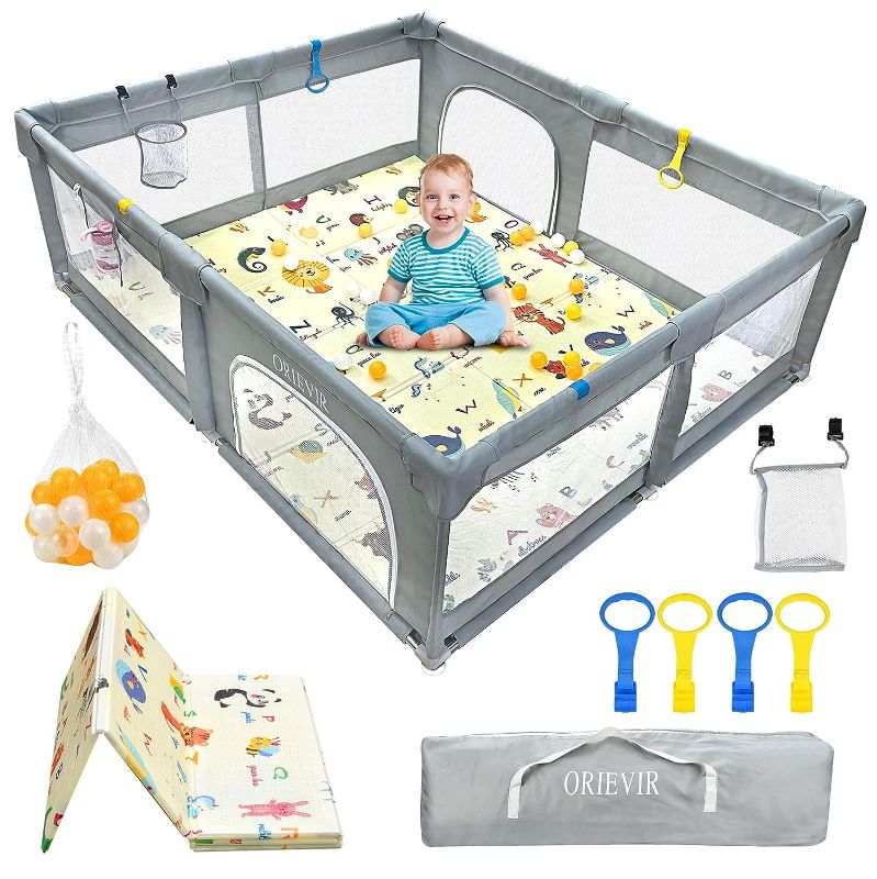 Photo 1 of ORIEVIR Baby Playpen,71" X 59"Baby Playpen for Toddler,Baby Playard 300D Cloth,Playpen for Babies with mat,Sturdy Safety Play Yard,Baby Activity Center,Babys Fence Play Area with 30 PCS Ocean Balls 
