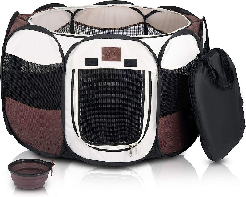 Photo 1 of Parkland Pet Portable Foldable Playpen Exercise Kennel Dogs Cats Indoor/Outdoor Removable Mesh Shade Cover, Carrying Case & Collapsible Travel Bowl (Medium)

