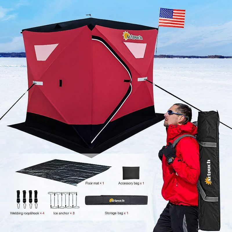Photo 1 of Artpuch 3-4 Person Portable Pop-up Ice Fishing Shelter Tent with Floor Mat, Anchors, Tie Ropes, Carrying Bag
