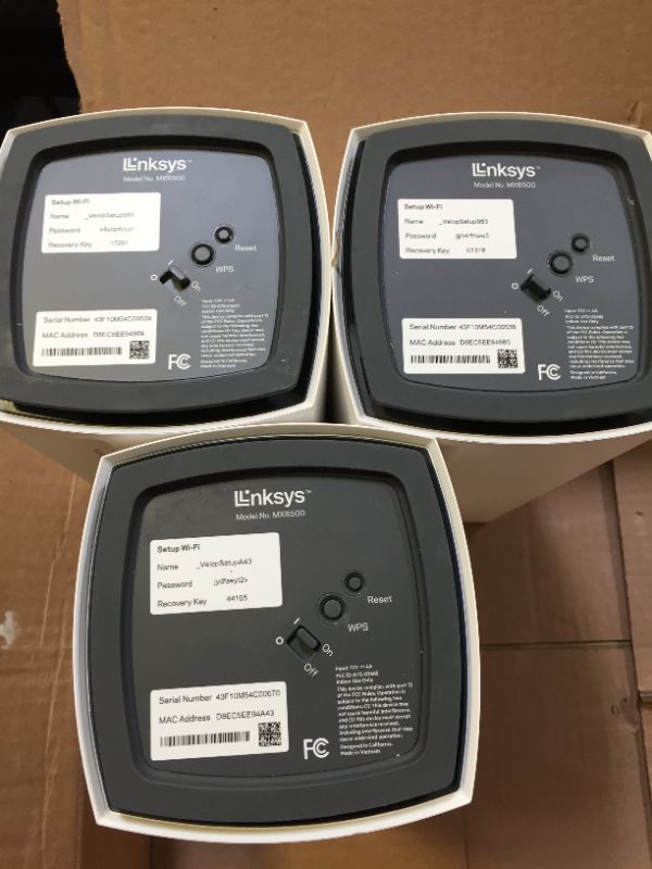 Photo 5 of Linksys MX8500 Atlas WiFi 6E Router Home WiFi Mesh System, Tri-Band, 9,000 Sq. ft,195+ Devices, Replaces Routers and Extenders, Gaming & Streaming, Speeds up to (AX8400) 8.4Gbps - 3PK ------- MISSING ONE POWER CABLE / ADAPTER 
