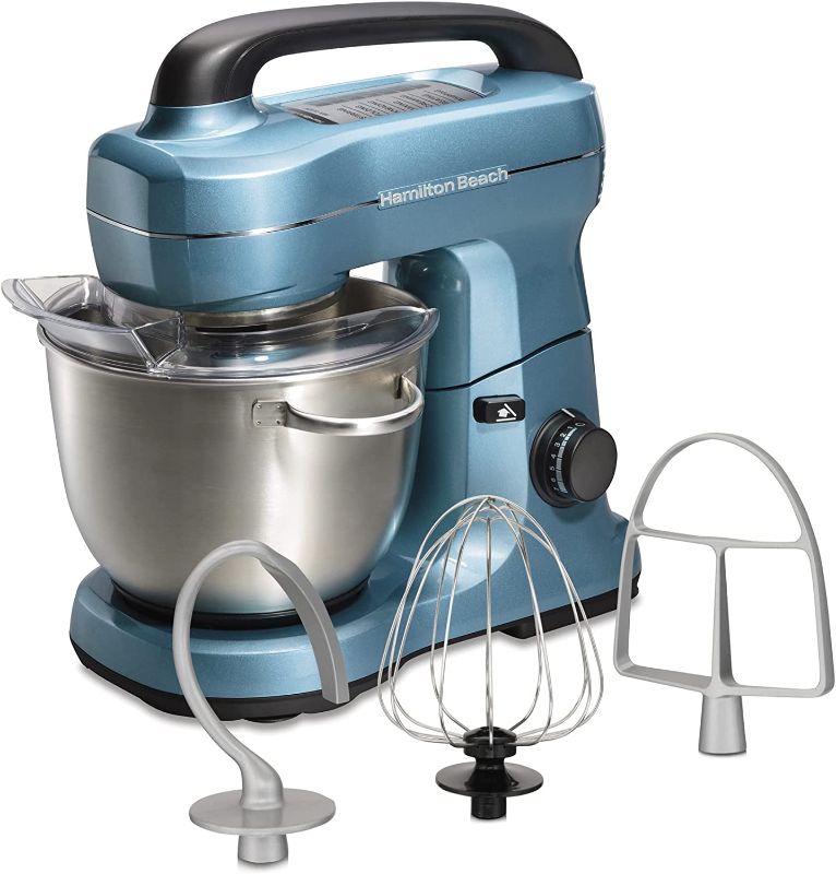 Photo 1 of Hamilton Beach Electric Stand Mixer, 4 Quarts, Dough Hook, Flat Beater Attachments, Splash Guard 7 Speeds with Whisk, Blue
