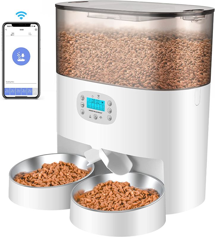 Photo 1 of HoneyGuaridan 6L Automatic Cat Feeder for 2 Cats, 2.4G WiFi Enabled Smart Feed Automatic Pet Feeder for Cats & Dogs, Timed Pet Food Dispenser with Stainless Steel Bowl APP Control, 10s Voice Recorder
