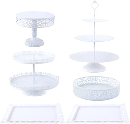 Photo 1 of 6 Pcs White Cake Stands Set, Cake Pedestal Stand Display Table Tiered Cupcake Holder Candy Fruite Dessert Plate Decorating for Wedding Birthday Party Baby Shower Celebration