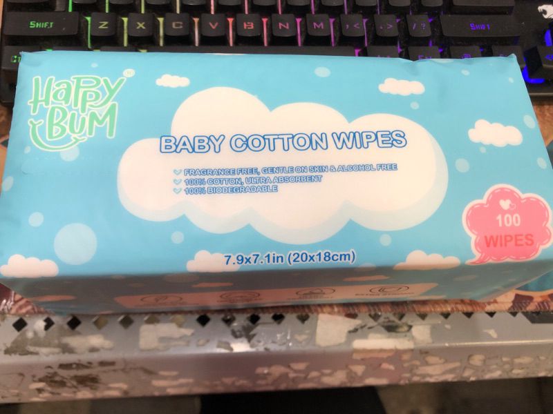 Photo 1 of Dry Wipes - HAPPY BUM Dry Baby Wipes, 100% Cotton Baby Wipes, Unscented Cotton Tissues for Sensitive Skin 100 WIPES(1 PACK)