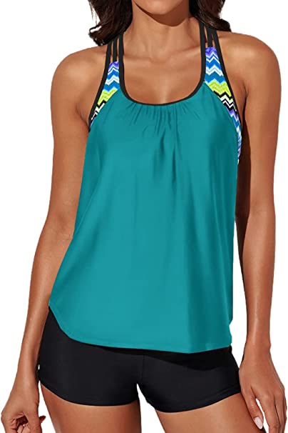 Photo 1 of Aleumdr Womens Blouson Striped Printed Push up Strappy T-Back Tankini Top with Shorts
