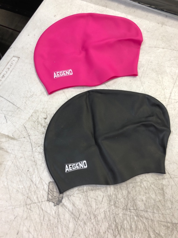 Photo 2 of Aegend Swim Caps for Long Hair (2 Pack), Durable Silicone Swimming Caps for Women Men Adults Youths Kids, Easy to Put On and Off, 4 Colors 2 Pack Rose red + Black