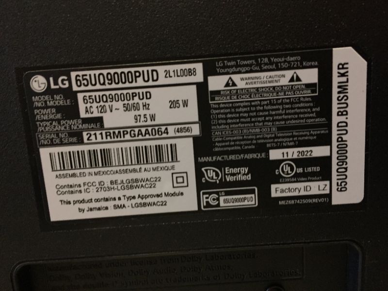 Photo 5 of LG 65-Inch Class UQ9000 Series Alexa Built-in 4K Smart TV (3840 x 2160),Bluetooth, Wi-Fi, USB, Ethernet, HDMI 60Hz Refresh Rate, AI-Powered 4K, Cloud Gaming (65UQ9000PUD, 2022) - DIRTY, CLEAN BEFORE USE- no packaging tv out of box and no remote 