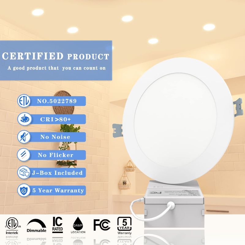 Photo 1 of  Recessed Ceiling Light Slim,2700K Soft White,Dimmable 12W=110W,1100LM,Flicker Free Damp Rated,Canless Wafer Lights Can-Killer Downlight with Junction Box-IC Rated & ET12