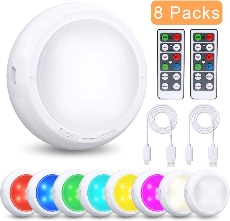 Photo 1 of AISITIN Puck Lights Battery Operated Lights with Remote Control, 8 Pack Closet Lights Under Cabinet Light 16 Colors 3 Modes (6000K/4000K/RGB), LED Closet Light with 2 USB Cables --- Box Packaging Damaged, Item is New

