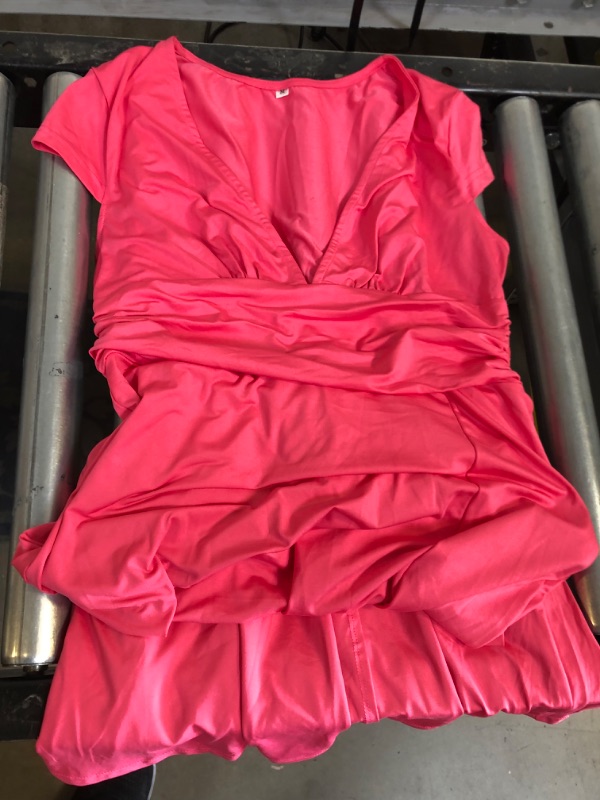 Photo 2 of ANRABESS Women's Deep V Neck Short Sleeve Long Dresses Pleated High Waist Slit Club Party Evening Maxi Dress Pink Medium
