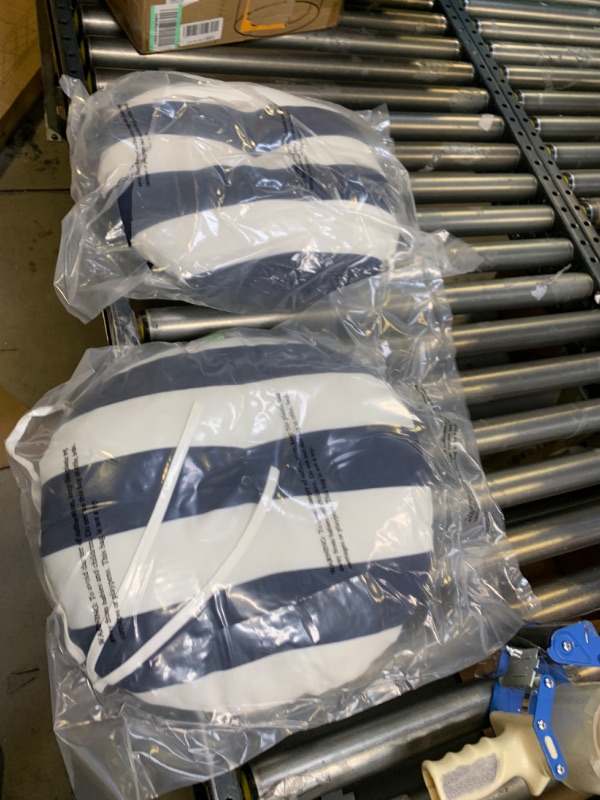 Photo 1 of 2 Pack of 16" Round Blue and White striped Patio Cushions --- Box Packaging Damaged, Item is New
