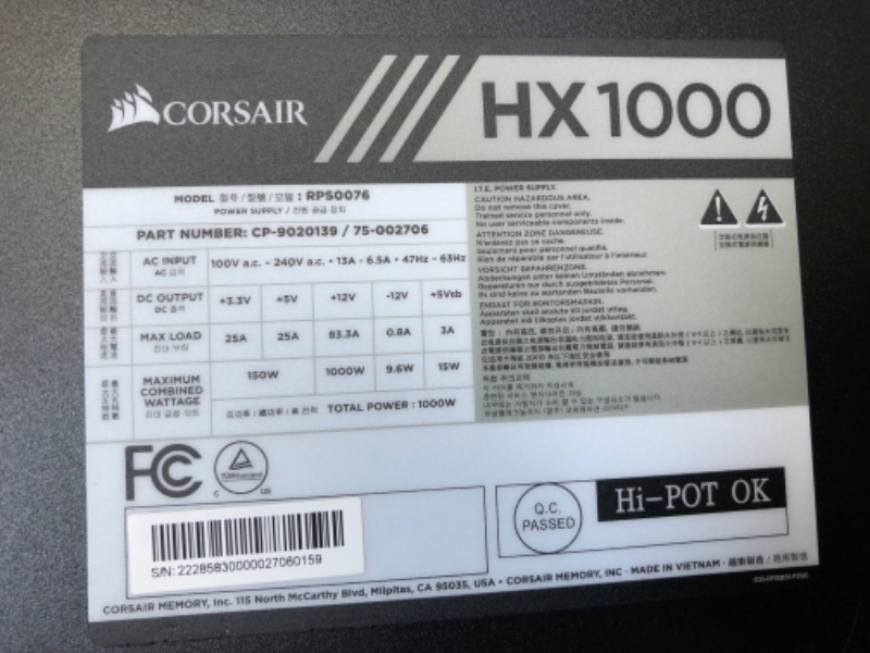 Photo 7 of Corsair HX Series, HX1000, 1000 Watt, Fully Modular Power Supply, 80+ Platinum Certified, CP-9020139-NA 1000 Watt HX Power Supply