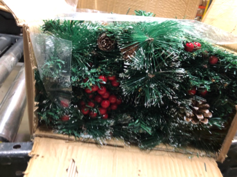Photo 1 of 9 Ft 100 Lights Prelit Artificial Christmas Garland Decor Timer 8 Modes 198 Red Berry Thick 300 Snowy Bristle Pine 18 Pine Cones Battery Operated Xmas Christmas Decoration Mantle Fireplace Home Indoor Warm White