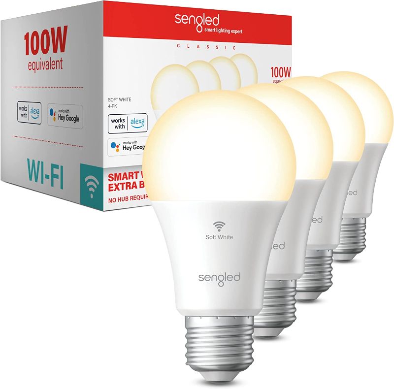 Photo 1 of Sengled Smart Light Bulb, 100W Equivalent WiFi Light Bulb, 1500LM High Brightness Smart Bulbs That Work with Alexa Google, Dimmable A19 Soft White Alexa Light Bulb,CRI>90, No Hub Required, 4-Pack
